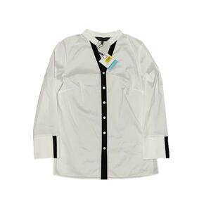 Ming Wang NWT White Button Up Shirt Black Border Trim XS Oversized Top Stretch